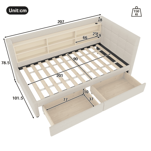 Sofá-cama 90x200 cm - com 2 gavetas, USB + Tipo C, compartimentos, com estrado - Bege