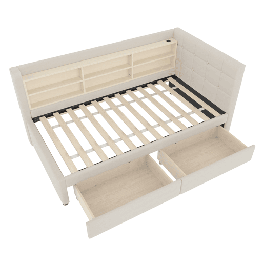 Sofá-cama 90x200 cm - com 2 gavetas, USB + Tipo C, compartimentos, com estrado - Bege