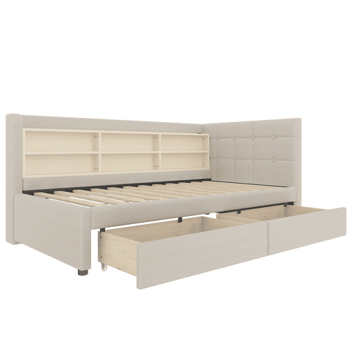Sofá-cama 90x200 cm - com 2 gavetas, USB + Tipo C, compartimentos, com estrado - Bege