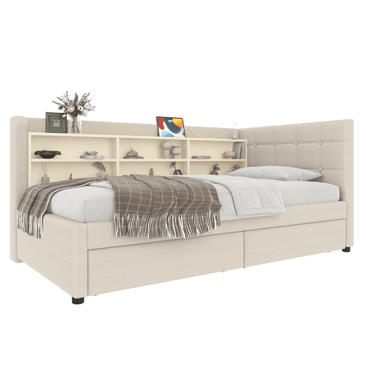 Sofá-cama 90x200 cm - com 2 gavetas, USB + Tipo C, compartimentos, com estrado - Bege