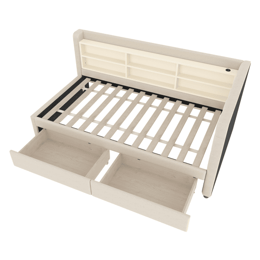 Sofá-cama 90x200 cm - com 2 gavetas, USB + Tipo C, compartimentos, com estrado - Bege