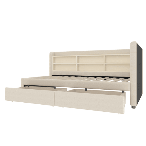 Sofá-cama 90x200 cm - com 2 gavetas, USB + Tipo C, compartimentos, com estrado - Bege
