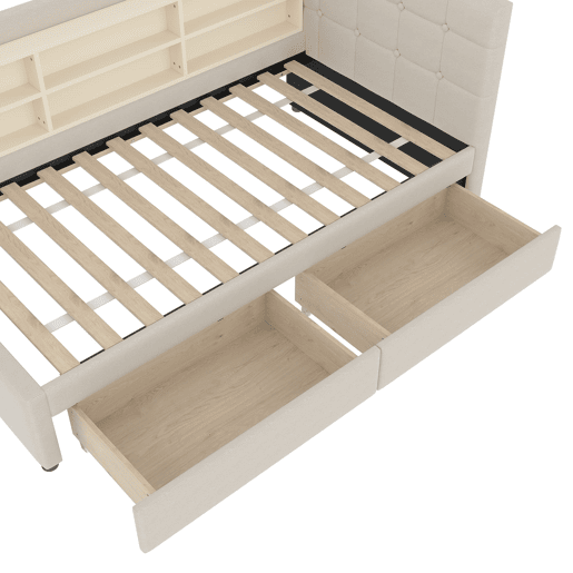 Sofá-cama 90x200 cm - com 2 gavetas, USB + Tipo C, compartimentos, com estrado - Bege
