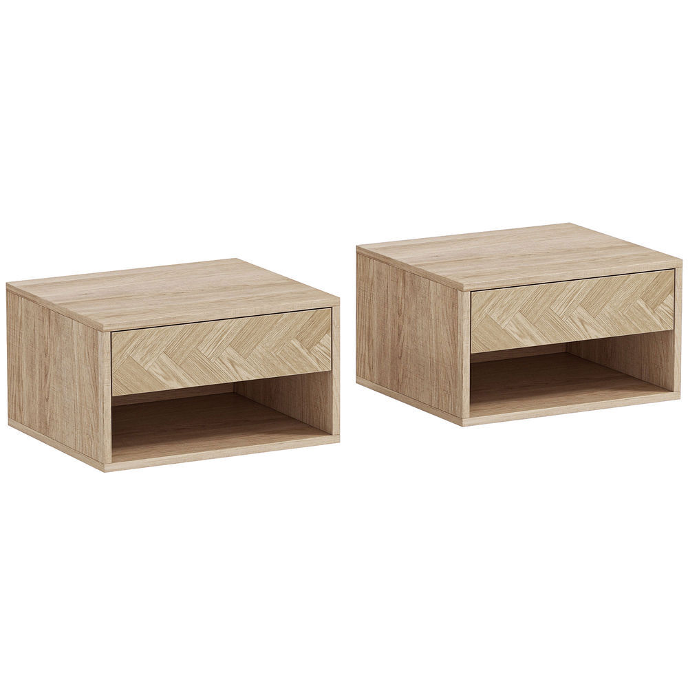 Homcom juego de 2 mesitas de noche flotantes, mesillas de noche con cajón, estante abierto, para dormitorio, salón, 37x32x21 cm, natural