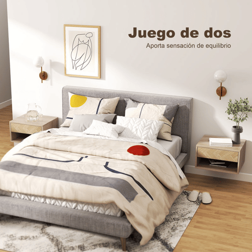 HOMCOM Conjunto de 2 Mesas de Cabeceira Suspensas, Mesas de Cabeceira com Gaveta e Prateleira Aberta, para Quarto, Sala, 37x32x21 cm, Natural