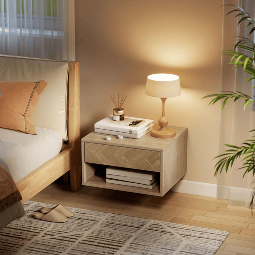 HOMCOM Conjunto de 2 Mesas de Cabeceira Suspensas, Mesas de Cabeceira com Gaveta e Prateleira Aberta, para Quarto, Sala, 37x32x21 cm, Natural