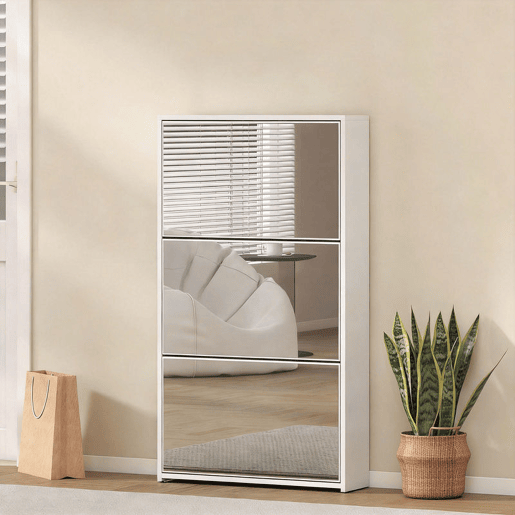 HOMCOM Sapateira Estreita 3 Portas com Espelho Sapateira para Entrada Corredor Para 9 Pares de Sapatos Para Corredor Espaços Reduzidos 65x17x114,5 cm Branco
