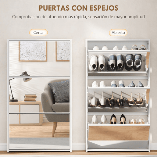 HOMCOM Sapateira Estreita 3 Portas com Espelho Sapateira para Entrada Corredor Para 9 Pares de Sapatos Para Corredor Espaços Reduzidos 65x17x114,5 cm Branco