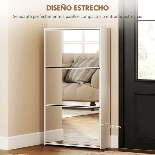 HOMCOM Sapateira Estreita 3 Portas com Espelho Sapateira para Entrada Corredor Para 9 Pares de Sapatos Para Corredor Espaços Reduzidos 65x17x114,5 cm Branco