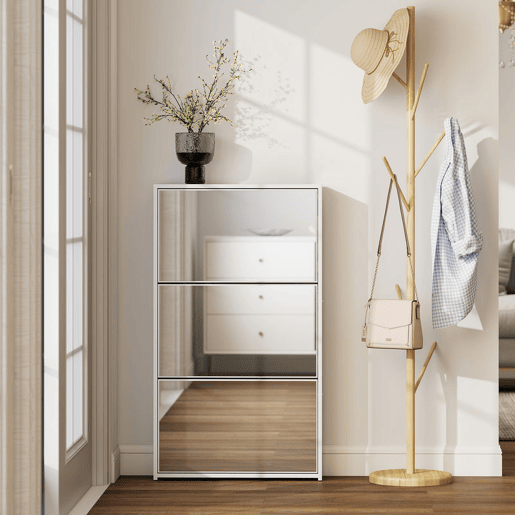 HOMCOM Sapateira Estreita 3 Portas com Espelho Sapateira para Entrada Corredor Para 9 Pares de Sapatos Para Corredor Espaços Reduzidos 65x17x114,5 cm Branco