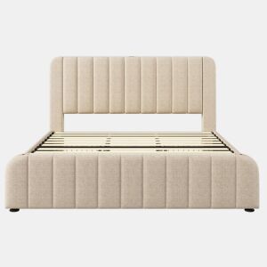 Cama de casal estofada 180x200 cm - cabeceira acolchoada com detalhes dourados, USB-C, 4 gavetas, colchão incluído - linho bege