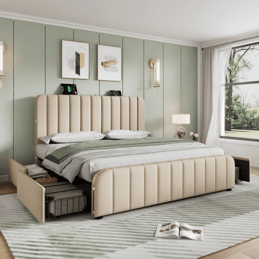 Cama de casal estofada 180x200 cm - cabeceira acolchoada com detalhes dourados, USB-C, 4 gavetas, colchão incluído - linho bege