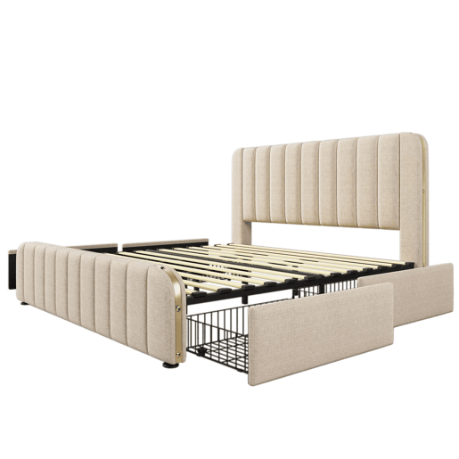 Cama de casal estofada 180x200 cm - cabeceira acolchoada com detalhes dourados, USB-C, 4 gavetas, colchão incluído - linho bege