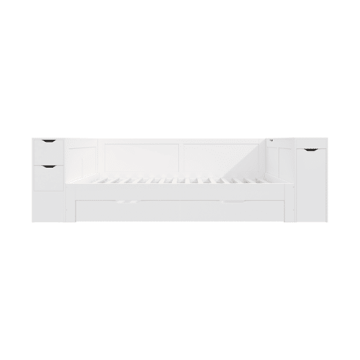 Cama infantil, 90x200 - cama individual multifuncional com gavetas, prateleiras e arrumação, com mesa de cabeceira - branco