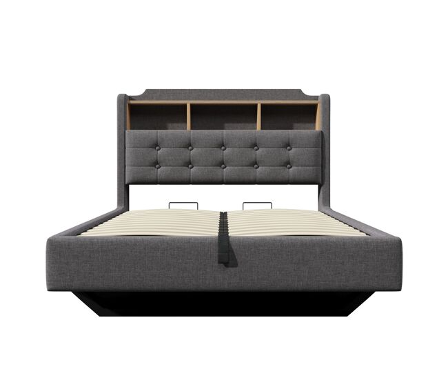 Cama tapizada 140x200 cm - con led, almacenamiento hidráulico, diseño flotante, gris