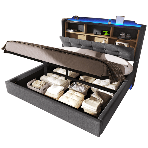 Cama estofada 140x200 cm - Com LED, armazenamento hidráulico, design flutuante, cinza
