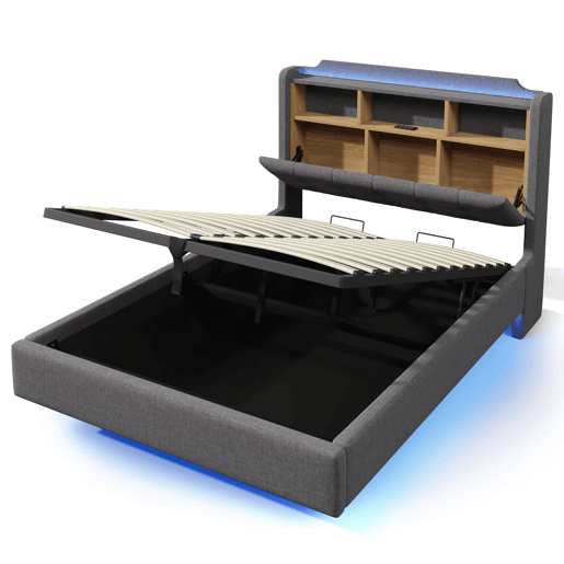 Cama estofada 140x200 cm - Com LED, armazenamento hidráulico, design flutuante, cinza