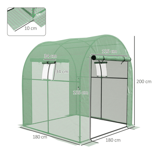 Outsunny Estufa de Exterior Estufa de Túnel com 2 Portas Enroláveis 2 Janelas em Rede Cobertura PE 135gm² Anti-UV, Estrutura em Aço para Cultivo e Plantas 180x180x200 cm Verde