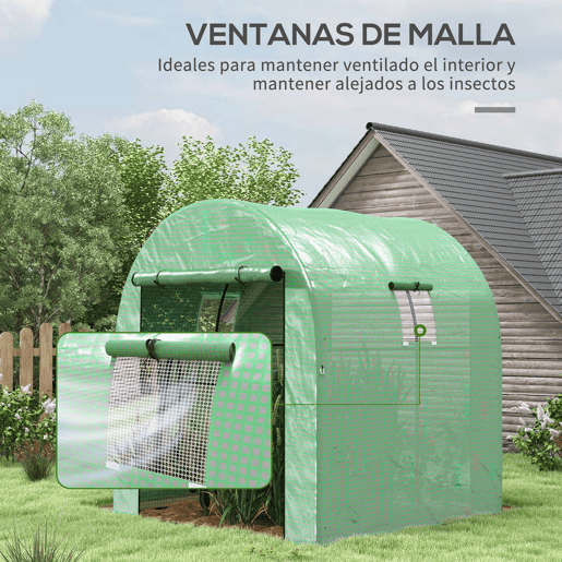 Outsunny Estufa de Exterior Estufa de Túnel com 2 Portas Enroláveis 2 Janelas em Rede Cobertura PE 135gm² Anti-UV, Estrutura em Aço para Cultivo e Plantas 180x180x200 cm Verde