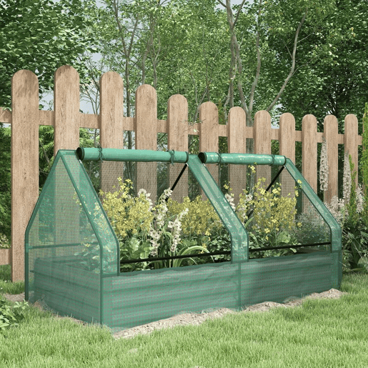 Outsunny Floreira Exterior Grande com Mini Estufa Horta em Aço Galvanizado com Base Aberta Resistente às Intempéries para Jardim Terraço Varanda 185x95x92 cm Cinzento e Verde