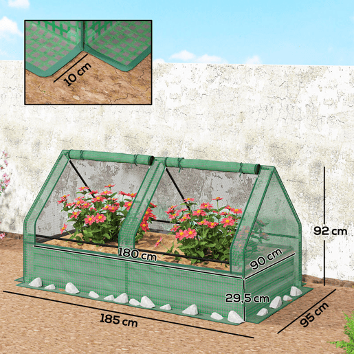 Outsunny Floreira Exterior Grande com Mini Estufa Horta em Aço Galvanizado com Base Aberta Resistente às Intempéries para Jardim Terraço Varanda 185x95x92 cm Cinzento e Verde
