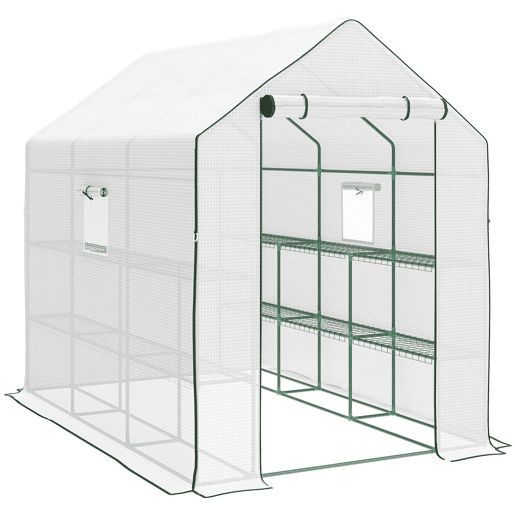Outsunny Estufa de Jardim de 3 Níveis Estufa de Exterior com 12 Prateleiras Porta Enrolável Janelas Anti-UV Cobertura de PE 135gm² para Cultivos Plantas Flores 140x213x190 cm Branco