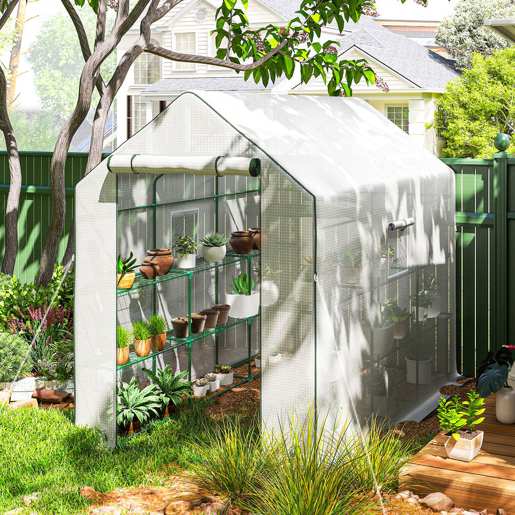 Outsunny Estufa de Jardim de 3 Níveis Estufa de Exterior com 12 Prateleiras Porta Enrolável Janelas Anti-UV Cobertura de PE 135gm² para Cultivos Plantas Flores 140x213x190 cm Branco