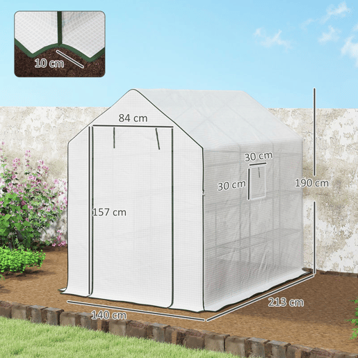 Outsunny Estufa de Jardim de 3 Níveis Estufa de Exterior com 12 Prateleiras Porta Enrolável Janelas Anti-UV Cobertura de PE 135gm² para Cultivos Plantas Flores 140x213x190 cm Branco