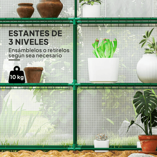 Outsunny Estufa de Jardim de 3 Níveis Estufa de Exterior com 12 Prateleiras Porta Enrolável Janelas Anti-UV Cobertura de PE 135gm² para Cultivos Plantas Flores 140x213x190 cm Branco