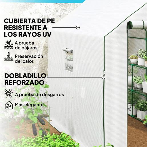 Outsunny Estufa de Jardim de 3 Níveis Estufa de Exterior com 12 Prateleiras Porta Enrolável Janelas Anti-UV Cobertura de PE 135gm² para Cultivos Plantas Flores 140x213x190 cm Branco
