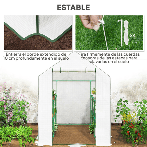 Outsunny Estufa de Jardim de 3 Níveis Estufa de Exterior com 12 Prateleiras Porta Enrolável Janelas Anti-UV Cobertura de PE 135gm² para Cultivos Plantas Flores 140x213x190 cm Branco