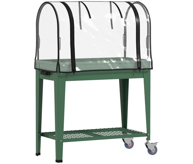Outsunny huerto urbano elevado con ruedas, mesa de cultivo con cubierta pvc de invernadero y estante inferior para cultivo, plantas, flores y verduras