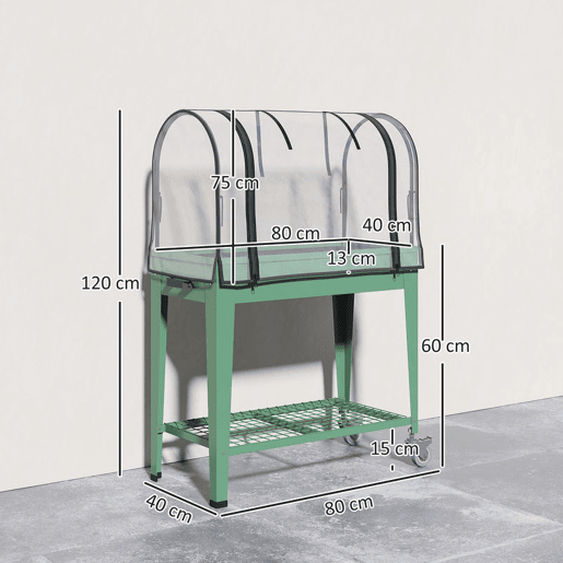 Outsunny Mesa de Cultivo com Rodas 80x40x120 cm Horta Urbana Elevada com Cobertura de Estufa e Prateleira Inferior para Cultivar Plantas Flores e Vegetais Verde