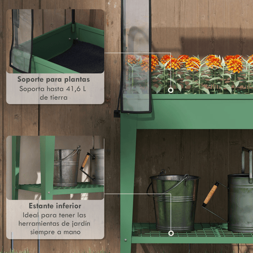 Outsunny Mesa de Cultivo com Rodas 80x40x120 cm Horta Urbana Elevada com Cobertura de Estufa e Prateleira Inferior para Cultivar Plantas Flores e Vegetais Verde