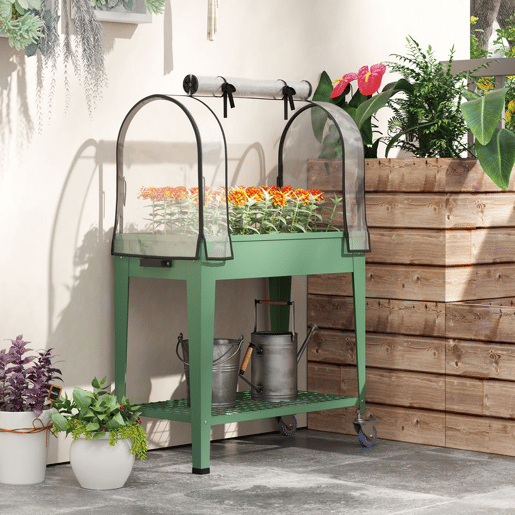 Outsunny Mesa de Cultivo com Rodas 80x40x120 cm Horta Urbana Elevada com Cobertura de Estufa e Prateleira Inferior para Cultivar Plantas Flores e Vegetais Verde