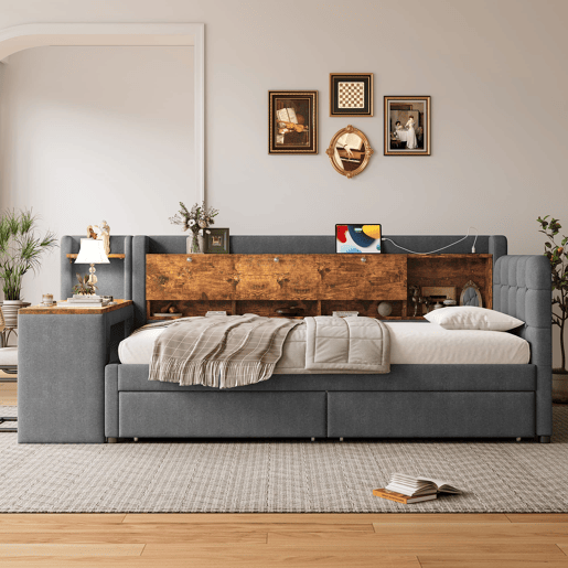 Sofá-cama 90x200 cm - Com 2 gavetas, secretária, USB + Tipo C, arrumação, linho, cinzento