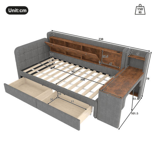 Sofá-cama 90x200 cm - Com 2 gavetas, secretária, USB + Tipo C, arrumação, linho, cinzento