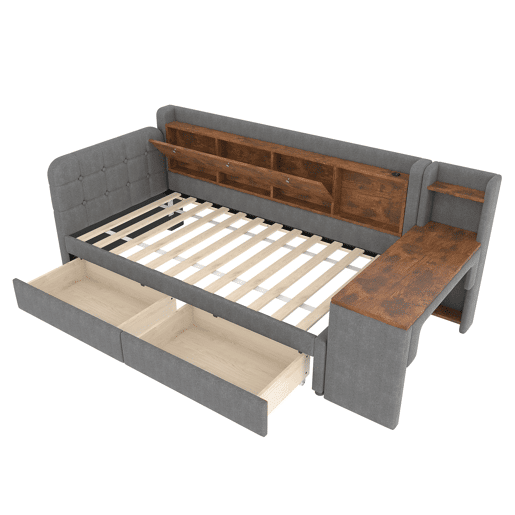 Sofá-cama 90x200 cm - Com 2 gavetas, secretária, USB + Tipo C, arrumação, linho, cinzento