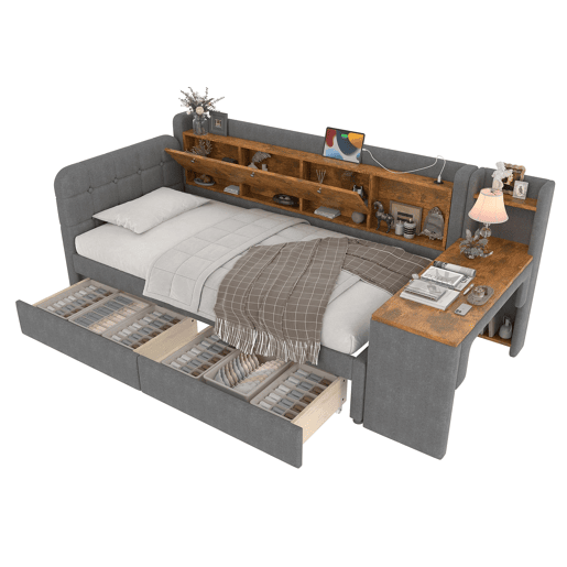 Sofá-cama 90x200 cm - Com 2 gavetas, secretária, USB + Tipo C, arrumação, linho, cinzento