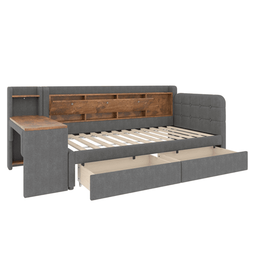Sofá-cama 90x200 cm - Com 2 gavetas, secretária, USB + Tipo C, arrumação, linho, cinzento