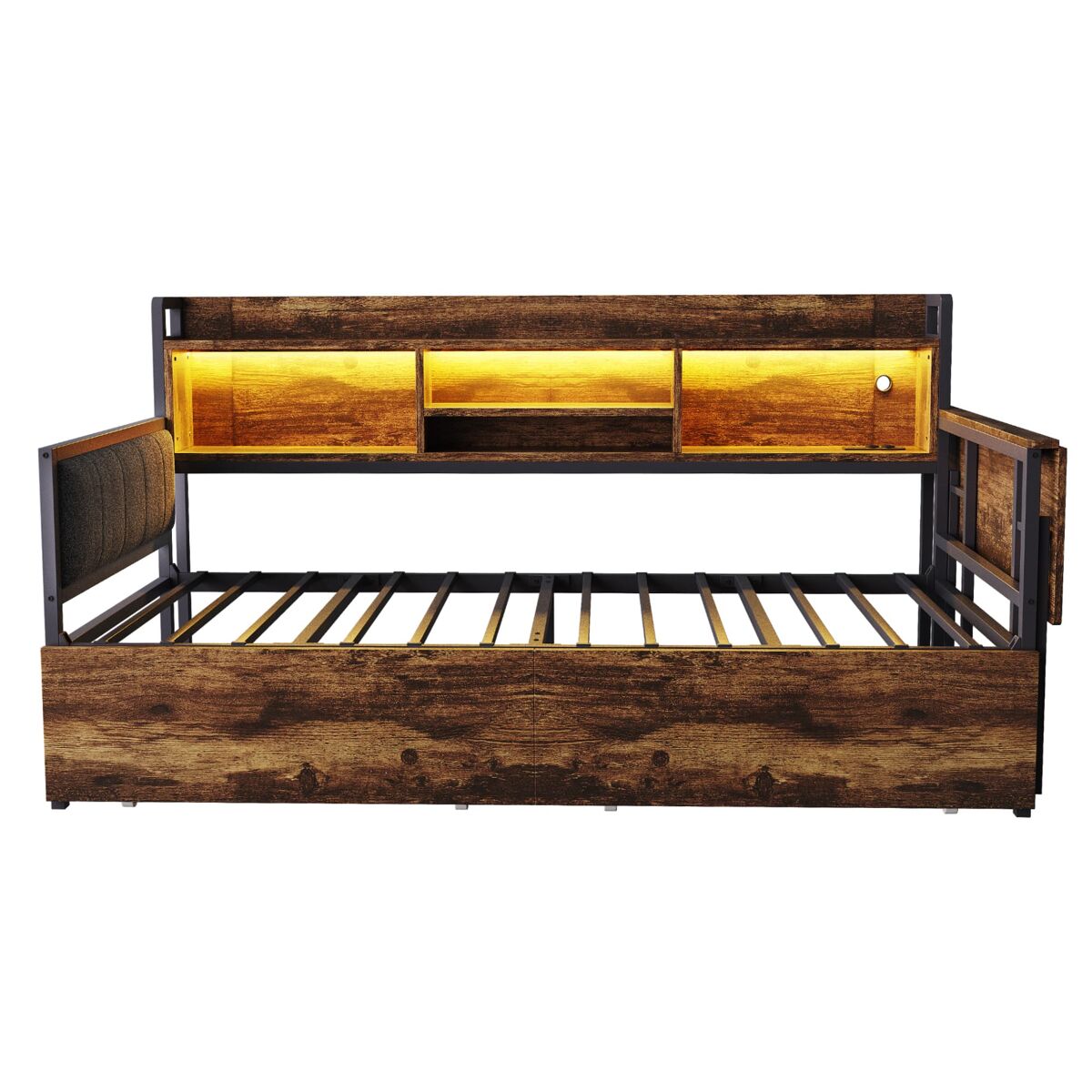 Cama sofá de hierro 90 x 200 cm - con iluminación led, almacenamiento, cajones y escritorio desplegable - color madera