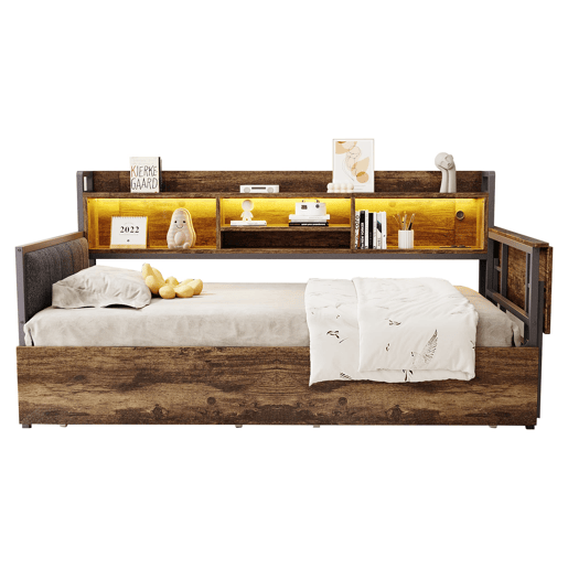 Sofá-cama de ferro 90 x 200 cm - Com iluminação LED, arrumação, gavetas e secretária dobrável - Cor madeira