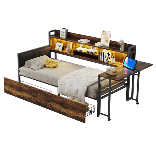 Sofá-cama de ferro 90 x 200 cm - Com iluminação LED, arrumação, gavetas e secretária dobrável - Cor madeira