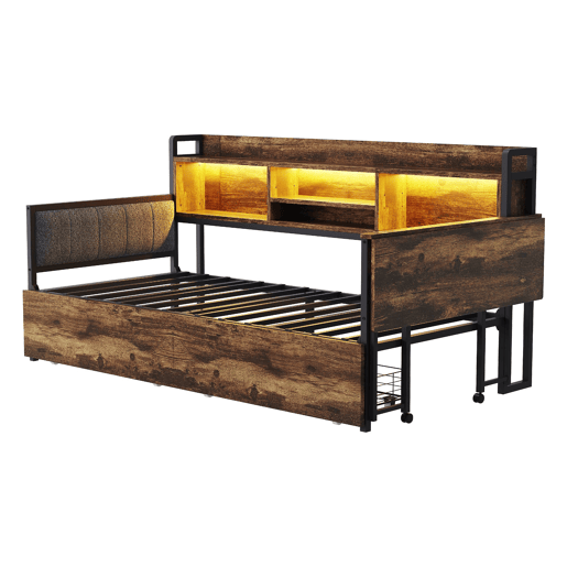 Sofá-cama de ferro 90 x 200 cm - Com iluminação LED, arrumação, gavetas e secretária dobrável - Cor madeira
