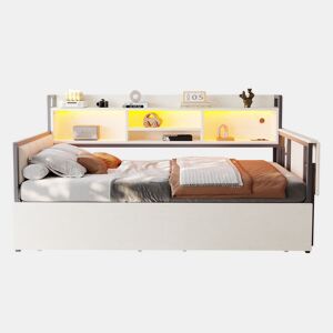 Sofá-cama de ferro 90x200 cm - Com iluminação LED, arrumação, secretária dobrável - Branco