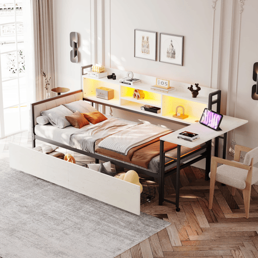 Sofá-cama de ferro 90x200 cm - Com iluminação LED, arrumação, secretária dobrável - Branco