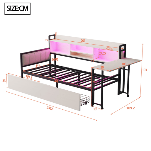 Sofá-cama de ferro 90x200 cm - Com iluminação LED, arrumação, secretária dobrável - Branco