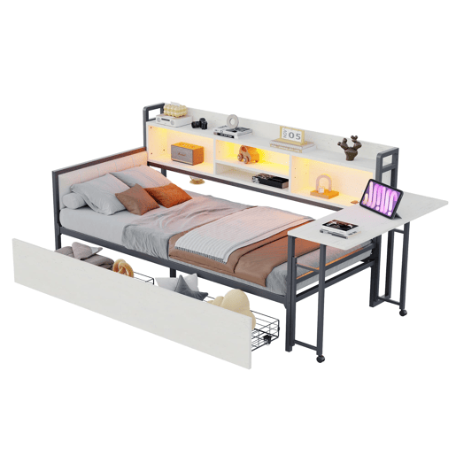 Sofá-cama de ferro 90x200 cm - Com iluminação LED, arrumação, secretária dobrável - Branco