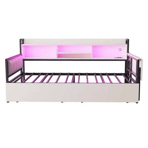 Sofá-cama de ferro 90x200 cm - Com iluminação LED, arrumação, secretária dobrável - Branco