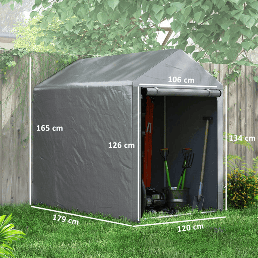 Outsunny Abrigo para Ferramentas Bicicletas e Motos 1,2x1,8x1,65 m Garagem Portátil com 2 Habitações Porta com Fecho de Correr Impermeável Anti-UV para Jardim Cinza Claro